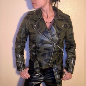 Calvin Klein Green Camouflage Faux Leather Motto Biker Jacket